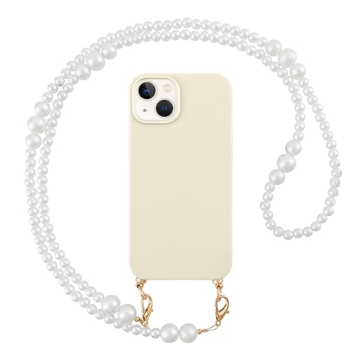 Pnakqil Handykette Perlen Hülle für Apple iPhone 14 6,1", Universale Handy Kette Chain Perlenkette, Bunte Handy Lanyard Handyhülle Anhänger Telefon Kette Handgelenkschlaufe Schlüsselbund, Weiss von Pnakqil