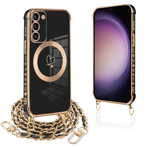 Pnakqil Handykette für Samsung Galaxy S23 Hülle mit Band, Kompatibel mit MagSafe, Handyhülle Ultra Dünn Silikon Magnetisch mit Herz Love Muster Schutzhülle mit um Umhängen Kordel, Schwarz Gold Pnakqil Handykette für Samsung Galaxy S23 Hülle mit Band, Kompatibel mit MagSafe, Handyhülle Ultra Dünn Silikon Magnetisch mit Herz Love Muster Schutzhülle mit um Umhängen Kordel, Schwarz Gold von Pnakqil