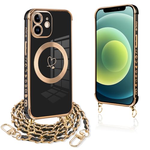 Pnakqil Handykette für iPhone 12 Hülle mit Band, Kompatibel mit MagSafe, Handyhülle Ultra Dünn Silikon Magnetisch mit Herz Love Muster Schutzhülle mit um Umhängen Kordel, Stoßfest, Schwarz Gold Pnakqil Handykette für iPhone 12 Hülle mit Band, Kompatibel mit MagSafe, Handyhülle Ultra Dünn Silikon Magnetisch mit Herz Love Muster Schutzhülle mit um Umhängen Kordel, Stoßfest, Schwarz Gold von Pnakqil