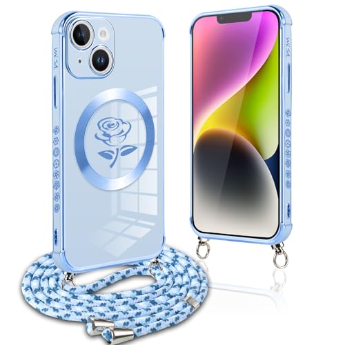 Pnakqil Handykette für iPhone 14 Plus Hülle mit Band, Kompatibel mit MagSafe, Handyhülle Ultra Dünn Silikon Magnetisch mit Rosen Blume Muster Schutzhülle mit um Umhängen Kordel für iPhone 14Plus, Blau Pnakqil Handykette für iPhone 14 Plus Hülle mit Band, Kompatibel mit MagSafe, Handyhülle Ultra Dünn Silikon Magnetisch mit Rosen Blume Muster Schutzhülle mit um Umhängen Kordel für iPhone 14Plus, Blau von Pnakqil