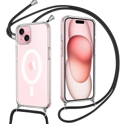 Pnakqil Handykette für iPhone 15 Hülle mit Band, Kompatibel mit MagSafe, Transparent Magnetische Handyhülle mit Kordel Necklace, Lanyard Schutzhülle Stoßfest für iPhone 15, Schwarz von Pnakqil