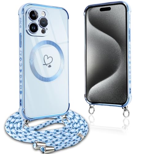 Pnakqil Handykette für iPhone 15 Pro Hülle mit Band, Kompatibel mit MagSafe, Handyhülle Ultra Dünn Silikon Magnetisch mit Herz Love Muster Schutzhülle mit um Umhängen Kordel für iPhone 15Pro, Blau Pnakqil Handykette für iPhone 15 Pro Hülle mit Band, Kompatibel mit MagSafe, Handyhülle Ultra Dünn Silikon Magnetisch mit Herz Love Muster Schutzhülle mit um Umhängen Kordel für iPhone 15Pro, Blau von Pnakqil