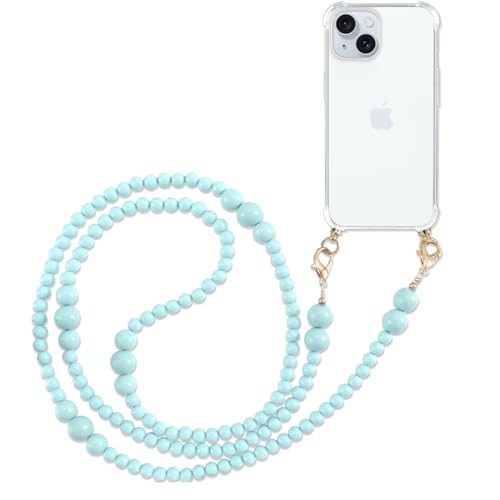 Pnakqil Handykette mit Perlen Necklace für Apple iPhone 15 6.1" Hülle Schultergurt mit Band zum Umhängen Schnur Handyhülle Kette Handy Umhängeband Transparent TPU Herz Silikon Case,Blau von Pnakqil