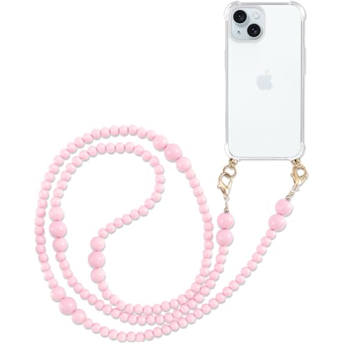 Pnakqil Handykette mit Perlen Necklace für Apple iPhone 15 6.1" Hülle Schultergurt mit Band zum Umhängen Schnur Handyhülle Kette Handy Umhängeband Transparent TPU Herz Silikon Case,Rosa von Pnakqil