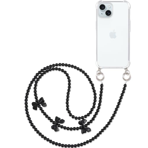 Pnakqil Handykette mit Perlen Necklace für Apple iPhone 15 6.1" Hülle Schultergurt mit Band zum Umhängen Schnur Handyhülle Kette Handy Umhängeband Transparent TPU Herz Silikon Case,Schmetterling1 von Pnakqil