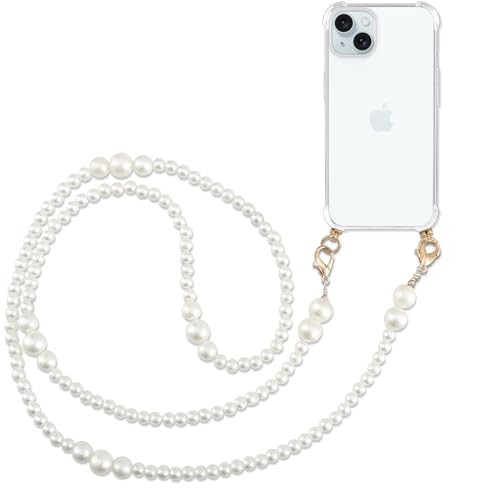 Pnakqil Handykette mit Perlen Necklace für Apple iPhone 15 Plus 6.7" Hülle Schultergurt mit Band zum Umhängen Schnur Handyhülle Kette Handy Umhängeband Transparent TPU Herz Silikon Case,Beige von Pnakqil