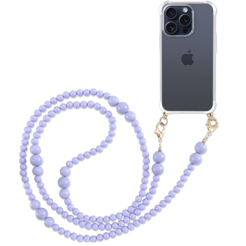 Pnakqil Handykette mit Perlen Necklace für Apple iPhone 15 Pro 6.1" Hülle Schultergurt mit Band zum Umhängen Schnur Handyhülle Kette Handy Umhängeband Transparent TPU Herz Silikon Case,Lila von Pnakqil