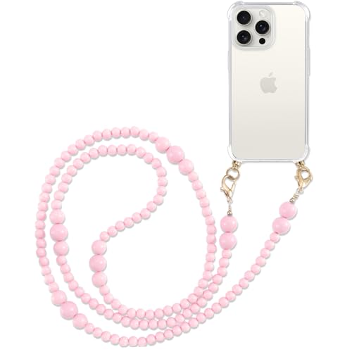 Pnakqil Handykette mit Perlen Necklace für Apple iPhone 15 Pro Max 6.7" Hülle Schultergurt mit Band zum Umhängen Schnur Handyhülle Kette Handy Umhängeband Transparent TPU Herz Silikon Case,Rosa von Pnakqil