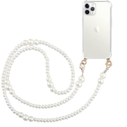 Pnakqil Handykette mit Perlenkette für Apple iPhone 11 Pro 5.8" Hülle Schultergurt mit Band zum Umhängen Schnur Handyhülle Kette Handy Umhängeband Transparent TPU Herz Silikon Case,Beige von Pnakqil