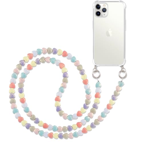 Pnakqil Handykette mit Perlenkette für Apple iPhone 11 Pro 5.8" Hülle Schultergurt mit Band zum Umhängen Schnur Handyhülle Kette Handy Umhängeband Transparent TPU Silikon Case,Herz von Pnakqil