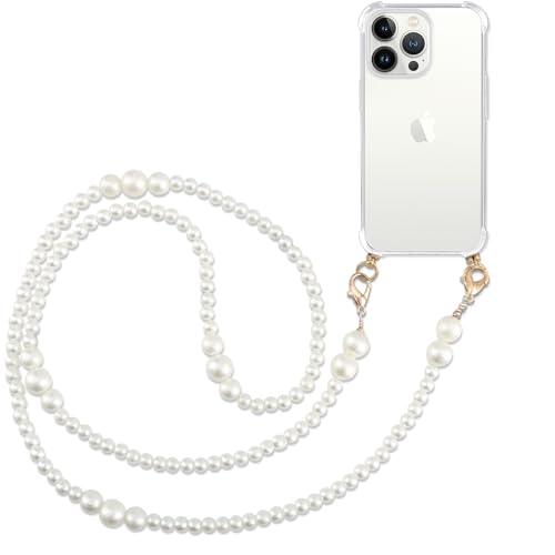 Pnakqil Handykette mit Perlenkette für Apple iPhone 13 Pro 6.1" Hülle Schultergurt mit Band zum Umhängen Schnur Handyhülle Kette Handy Umhängeband Transparent TPU Herz Silikon Case,Beige von Pnakqil