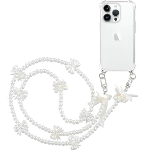 Pnakqil Handykette mit Perlenkette für Apple iPhone 14 Pro 6.1" Hülle Schultergurt mit Band zum Umhängen Schnur Handyhülle Kette Handy Umhängeband Transparent TPU Herz Silikon Case,2 von Pnakqil