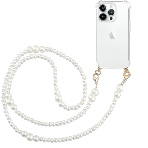 Pnakqil Handykette mit Perlenkette für Apple iPhone 14 Pro 6.1" Hülle Schultergurt mit Band zum Umhängen Schnur Handyhülle Kette Handy Umhängeband Transparent TPU Herz Silikon Case,Beige von Pnakqil