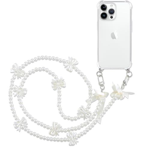 Pnakqil Handykette mit Perlenkette für Apple iPhone 14 Pro Max 6.7" Hülle Schultergurt mit Band zum Umhängen Schnur Handyhülle Kette Handy Umhängeband Transparent TPU Herz Silikon Case,2 von Pnakqil