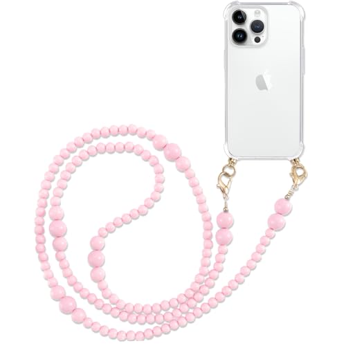 Pnakqil Handykette mit Perlenkette für Apple iPhone 14 Pro Max 6.7" Hülle Schultergurt mit Band zum Umhängen Schnur Handyhülle Kette Handy Umhängeband Transparent TPU Herz Silikon Case,Rosa von Pnakqil