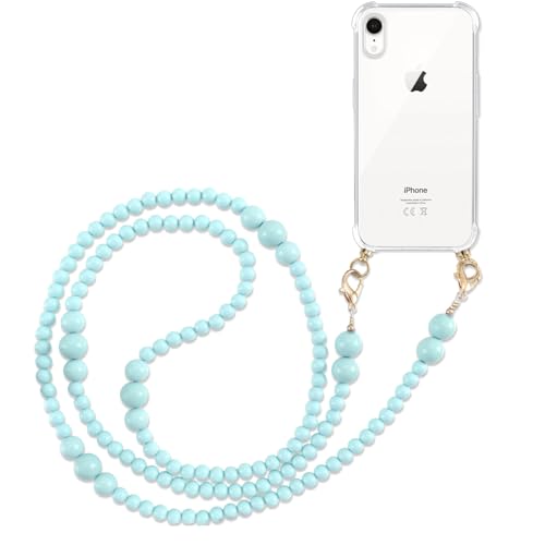 Pnakqil Handykette mit Perlenkette für Apple iPhone XR 6.1" Hülle Schultergurt mit Band zum Umhängen Schnur Handyhülle Kette Handy Umhängeband Transparent TPU Herz Silikon Case,Blau von Pnakqil