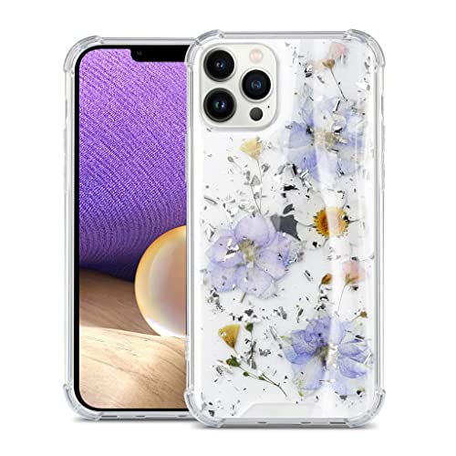 Pnakqil Kompatibel mit Samsung Galaxy A34 5G 6,5" Hülle, Getrocknete Blumen Transparent Glitzer Floral Handyhülle Mädchen Frau Klar Stoßfeste Silikon Bumper Schutzhülle, Lila Blume von Pnakqil