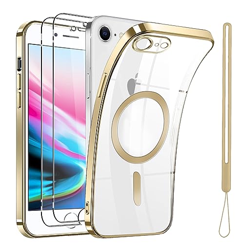 Pnakqil Magnetisch Durchsichtig für iPhone 8/iPhone SE 2020/iPhone 7/SE 2022 Hülle mit 2 Stück Schutzfolie mit 1 Band, Handyhülle Kameraschutz Eingebaut Dünn Silikon Transparente Schutzhülle - Gold von Pnakqil