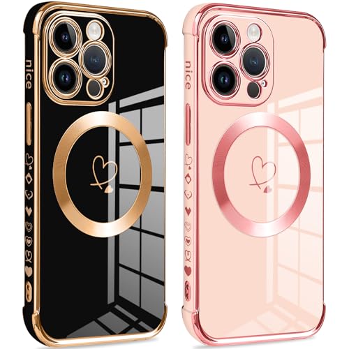 Pnakqil Magnetische Hülle für iPhone 13 Pro, Kompatibel mit MagSafe, 2 Stück Handyhülle Ultra Dünn Silikon mit Herz Love Muster Schutzhülle, Stoßfest Bumper Case für iPhone 13Pro, Schwarz und Rosa von Pnakqil