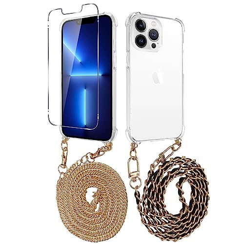 Pnakqil für Apple iPhone 11 Pro MAX Hülle mit 2 Stück Handykette und 1 Schutzfolie, Handyhülle mit Band Kette Gold zum umhängen, 9H Härte Panzer Schutzglas Displayschutzfolie TPU Schutzhülle von Pnakqil