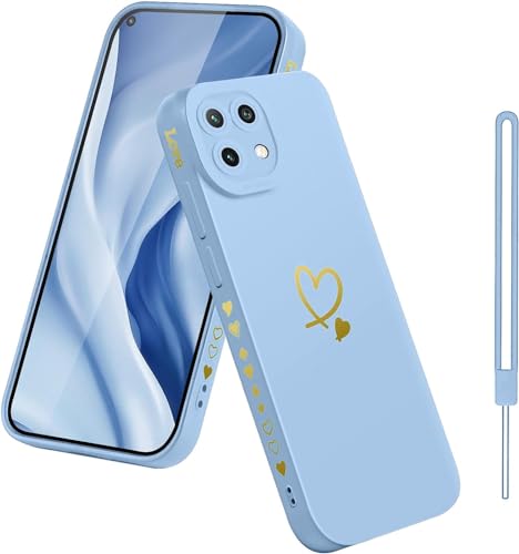 Pnakqil für Xiaomi 11 Lite 5G NE/Mi 11 Lite 4G/5G Hülle Silikon Gold Herz Muster Handyhülle für Frauen Mädchen Weiche TPU Stoßfest Case für Xiaomi 11 Lite Kleinen Herzen Rand Kamera Schutzhülle Blau von Pnakqil