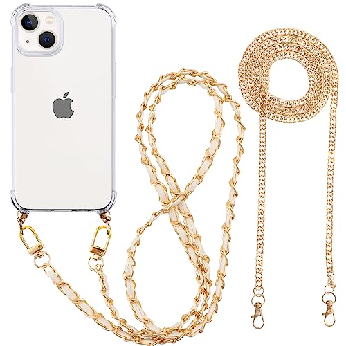 Pnakqil für iPhone 11 Pro Hülle mit Band und Kette, Handyhülle Transparent mit [2 Stück] Handykette zum Umhängen Kordel Necklace, Weiche TPU Stoßfest Schutzhülle Case, Gold & Weiß von Pnakqil