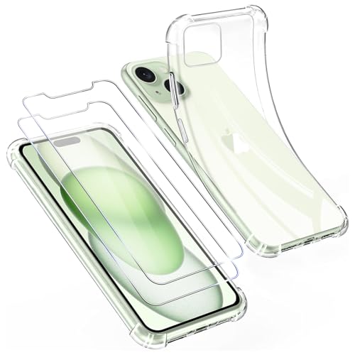 Pnakqil für iPhone 15 Plus Hülle Durchsichtig + 2 Stück Schutzfolie,Dünn Transparent Stoßfest Weiche Silikon Handyhülle für Jungs und Frauen, Sturzfest Schutzhüllen - Clear von Pnakqil