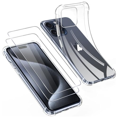 Pnakqil für iPhone 15 Pro Hülle Durchsichtig + 2 Stück Schutzfolie,Dünn Transparent Stoßfest Weiche Silikon Handyhülle für Jungs und Frauen, Sturzfest Schutzhüllen - Clear von Pnakqil