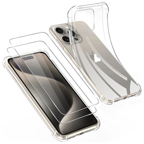 Pnakqil für iPhone 15 Pro Max Hülle Durchsichtig + 2 Stück Schutzfolie,Dünn Transparent Stoßfest Weiche Silikon Handyhülle für Jungs und Frauen, Sturzfest Schutzhüllen - Clear von Pnakqil