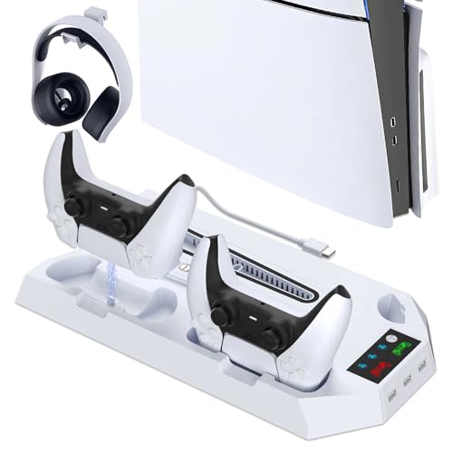 PS5 Ständer PnxdeobXL Multifunktions-Ständer mit 3 USB-Anschlüssen & Kühlfunktion – Vertikale Ladestation für 2 Controller + Headset-Halterung, Kompatibel mit Allen Modellen (Slim/Digital/Pro) von PnxdeobXL