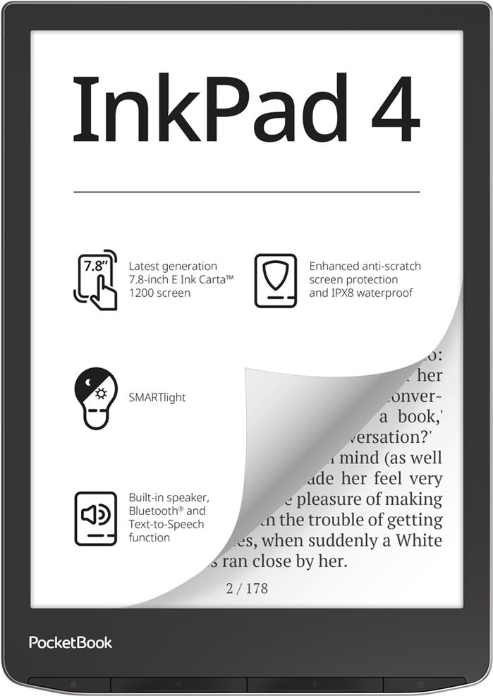 PocketBook InkPad 4 - 19,8 cm (7.8) - E Ink Carta - 1404 x 1872 Pixel - ACSM - AZW - AZW3 - CBR - CBZ - CHM - DOC - DOCX - DjVu - EPUB - EPUB DRM - FB2 - FB2.ZIP - HTM - HTML - MOBI,... - M4A - M4B - MP3 - OGG - BMP - JPEG - PNG - TIFF (PB743G-U-WW-B) von Pocketbook