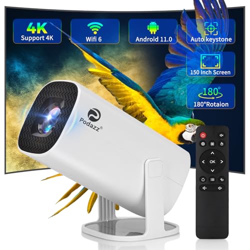 Beamer, Podazz Mini Projektor 4K Unterstützung – mit WiFi6 BT 5.4 Android 11, tragbarer Projektor mit automatischer horizontaler Korrektur, 180° drehbarer Smart Projektor Home Cinema von Podazz