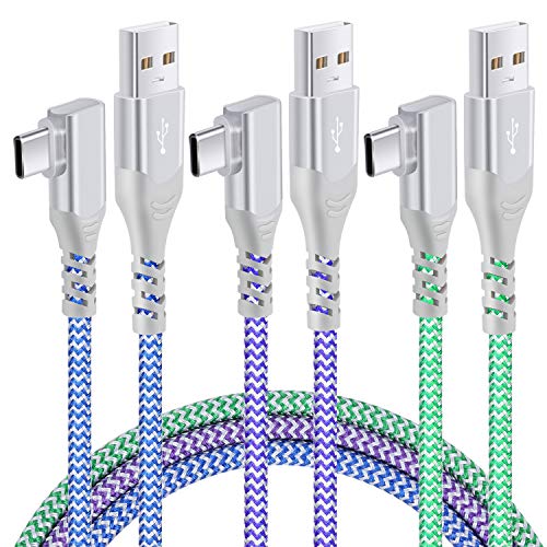 Rechtwinkliges USB-C-Kabel (3 Stück), Pofesun USB A auf USB Typ C Nylon geflochtenes Schnellladekabel kompatibel mit Samsung Galaxy S20 S10 S10e S9 S8 Plus Note 10 9 8 (blau, grün, Lila) von Pofesun