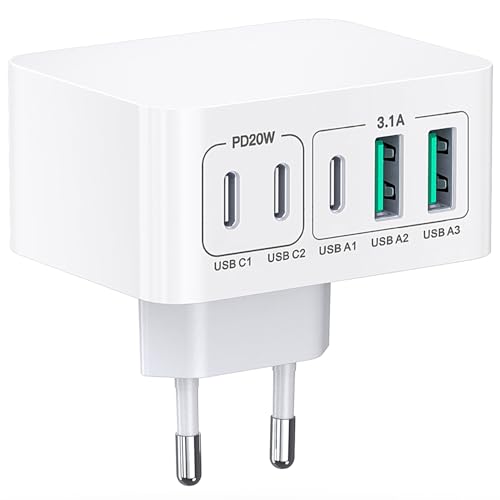 50W USB C Ladegerät, 5-Port Schnellladegerät Stecker Adapter EU, 3 USB-C und 2 USB-A Typ C Lade Stecker Hub für iPhone 15 14 13 12 11 Pro Max XS XR SE, Samsung, iPad, AirPods von Poiget