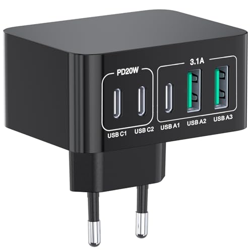 50W USB C Ladegerät, 5-Port Schnellladegerät Stecker Adapter EU, 3 USB-C und 2 USB-A Typ C Lade Stecker Hub für iPhone 15 14 13 12 11 Pro Max XS XR SE, Samsung, iPad, AirPods von Poiget