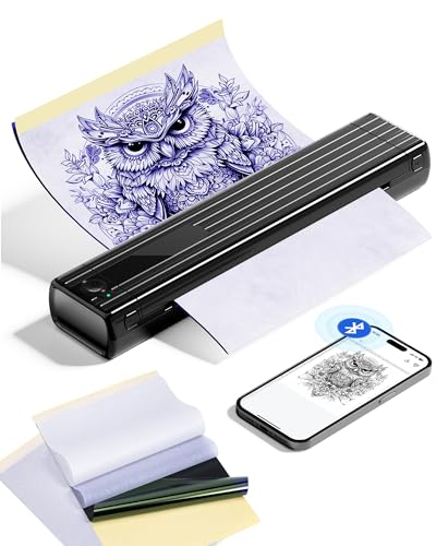 PokeLabel Aufgerüstet Tattoo Drucker, TP83 Tattoo Stencil Drucker Thermodrucker Tattoo mit 10Pcs Transfer Papier, Bluetooth Tattoo Maschine Kit kompatibel mit Android iOS Phone Tablet von PokeLabel