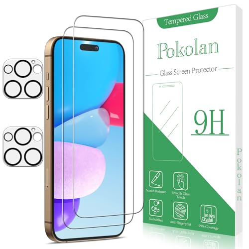 Pokolan 2+2 Stück Schutzfolie für iPhone 16 Pro, 2 Stück Schutzglas und 2 Stück Kameraschutz, Frei von Kratzern, 9H Härte, HD Displayschutzfolie, Blasenfrei von Pokolan