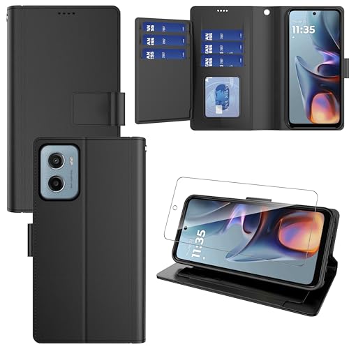 Pollachi Handyhülle für Motorola Moto E15,Klapphülle mit Panzerglas Schutzfolie,Lederhülle mit 9 Kartenfächer,Magnetverschluss,Standfunktion – Leder Handy Hülle für Moto E15[Black] von Pollachi