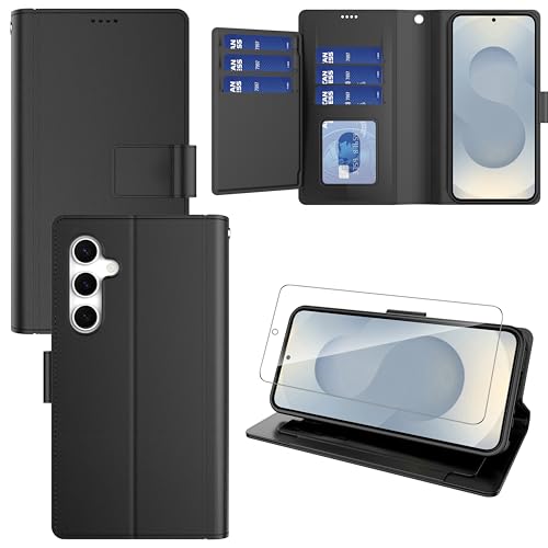 Pollachi Handyhülle für Samsung Galaxy S25 Plus 5G,Klapphülle mit Panzerglas Schutzfolie,Lederhülle mit 9 Kartenfächer,Magnetverschluss,Standfunktion – Leder Handy Hülle für Samsung S25+[Black] von Pollachi