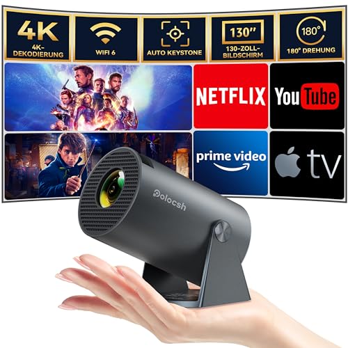 Mini Beamer, Polocsh Beamer WiFi6 und BT5.2, Tragbarer Projektor mit Android OS 11.0, 180-Grad-Winkel, Automatische Trapezkorrektur, 130-Zoll-Display und 50% Zoom, Beamer 2025 Upgrade, Stahlgrau von Polocsh