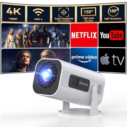 Polocsh Beamer, Mini Beamer 4k Heimkino mit Android 11.0, WLAN6 und BT5.2, 1080P Full HD Mini Projektor mit Auto Keystone, 150″ Display Portable Mini Beamer mit 180° Drehung mit HDMI/USB/AV, Weiß von Polocsh