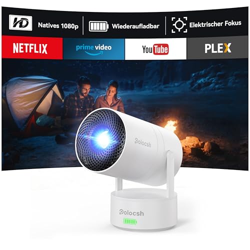 Polocsh Beamer, Mini Beamer mit Akku, WiFi und Bluetooth 1080P Outdoor Beamer 4K Support, Electric Fokus & Auto Trapezkorrektur und 270° Drehung, Android 11.0 Heimkino Smart Beamer mit HDMI von Polocsh