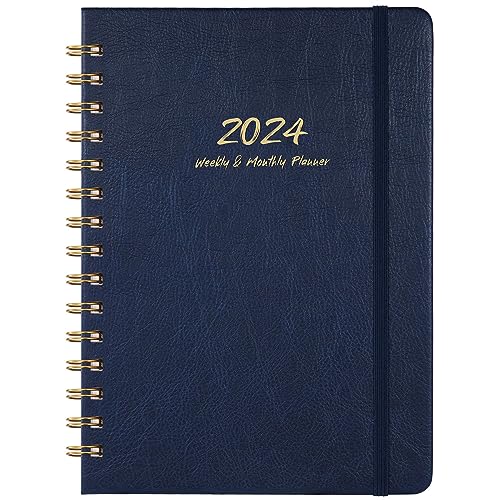 Planer 2024 – Wochen- & Monatsplaner 2024 mit Doppeldrahtbindung, Januar 2024 – Dezember 2024, 16 x 21,3 cm, Hardcover mit monatlichen Registern, Rückentasche, dickes Papier – Blau von Poluma