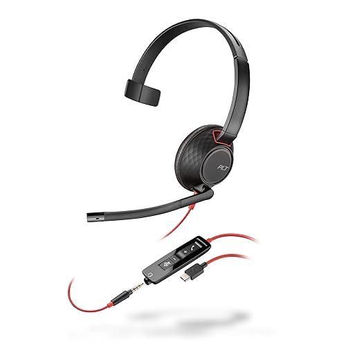 Schnurgebundenes Headset Poly Blackwire 5210 (Plantronics) Flexibler Mikrofonarm mit Noise Cancelling - Ein-Ohr – Verbindung mit PC/Mobilgeräten über USB-C, USB-A oder 3,5 mm, Kompatibel: Teams, Zoom von Poly