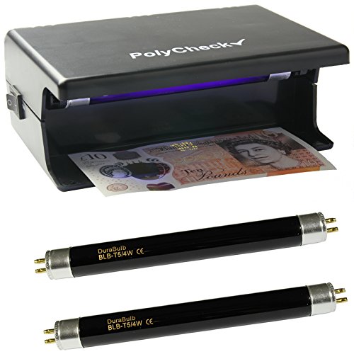 PolyCheck 4 W UV-Geldscheinprüfer mit 2 Ersatz-DuraBulb-Glühbirnen – erkennt gefälschte Polymer- und Papier-Banknoten von PolyCheck