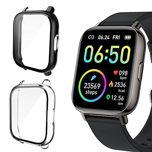 [2 Stück] Polyjoy Hard PC Schutzhülle Kompatibel mit Smartwatch P32 Glory Fit 1,7 Zoll Motast P32 Nerunsa P32B Ordtop P32E1 Ordtop P32E1 Togala P32DBowost P32DFDonerton P. 32, Schwarz + von Polyjoy