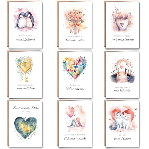 Liebeskarten Set DIN A6 mit Umschlägen – 9 Hochwertige Glückwunschkarten mit Designs & Sprüchen – Klappkarten Perfekt für Freunde, Familie & Kollegen von Polymedia