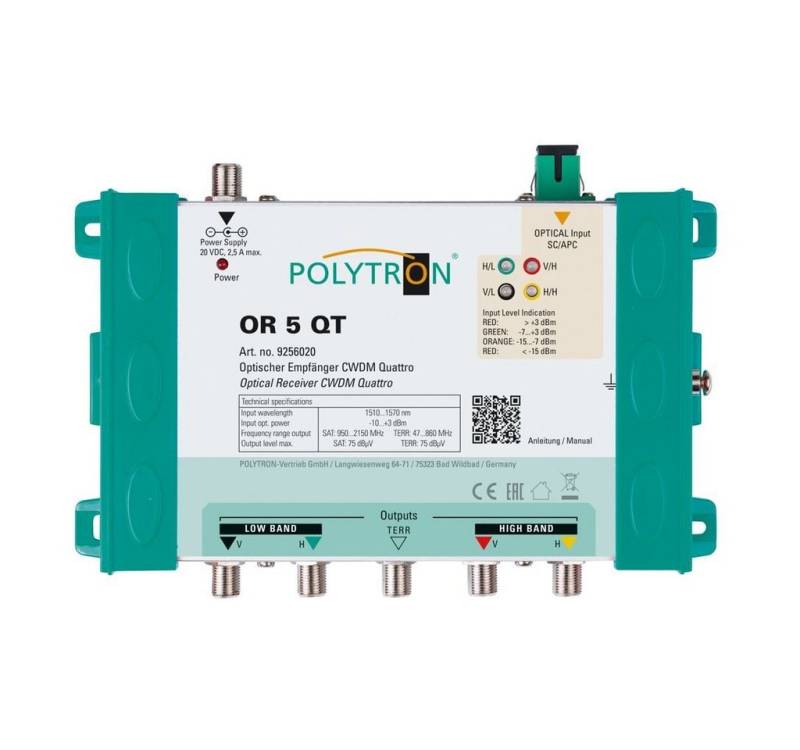 Polytron Optischer Empfänger OR 5 QT (Quattro) CWDM Optisches-Kabel, 4x SAT-Polarisationsebenen, 1x Terr., SC/APC-Anschluss, für Multischalter-Anlagen von Polytron