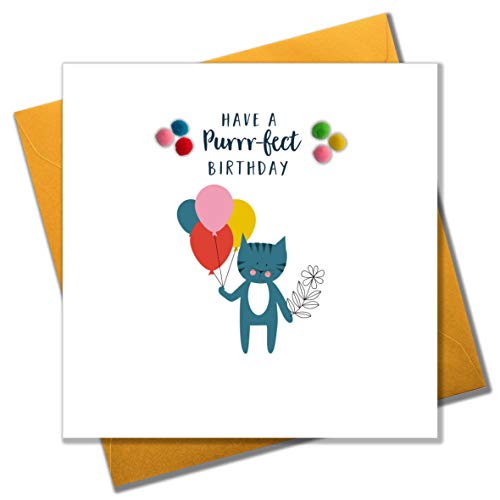 Pom Pom"Katze mit Luftballons purrr-fect Geburtstag Grußkarte von Pom Pom