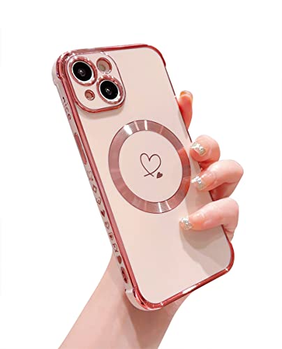 Ponnky Kompatibel mit Magsafe iPhone 14 Hülle für Frauen, Luxusbeschichtung Niedliches Herz mit magnetischem Drahtlos-Ladedesign, weiche TPU-Stoßfängerhülle für das iPhone 14 6,1 Zoll (Pink) von Ponnky